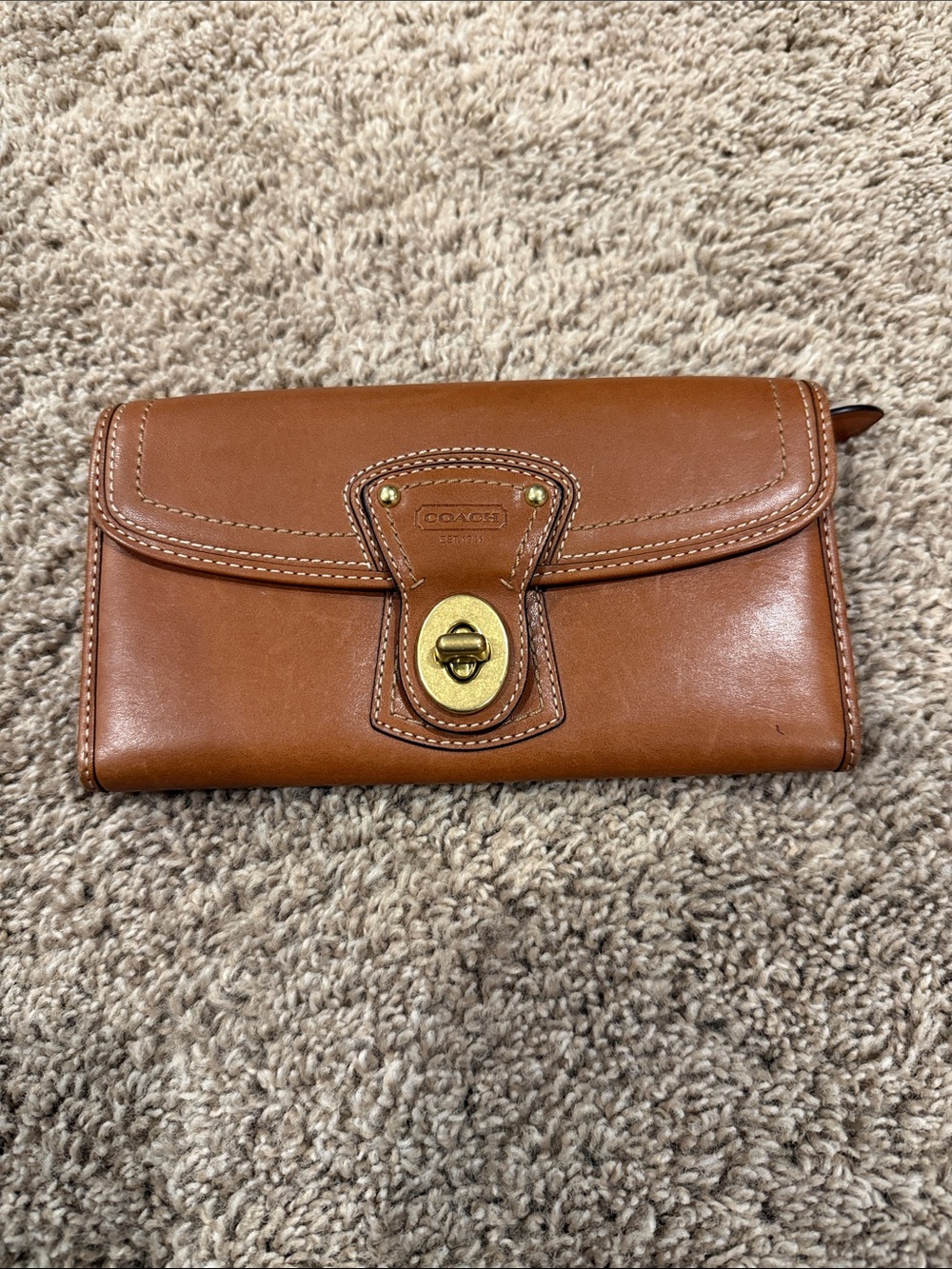 Coach Brown Leather Turnlock Clutch Wallet with Gold Hardware